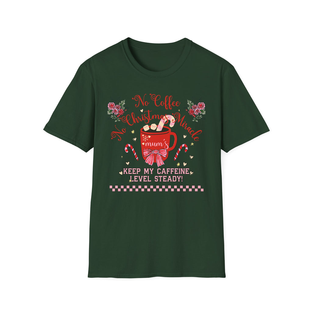 Christmas Coffee T-Shirt — “No Coffee, No Christmas Miracle” Holiday Tee